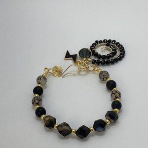 Wire Semi Precious Stone Bracelet with Charms. Gold and Black Agates